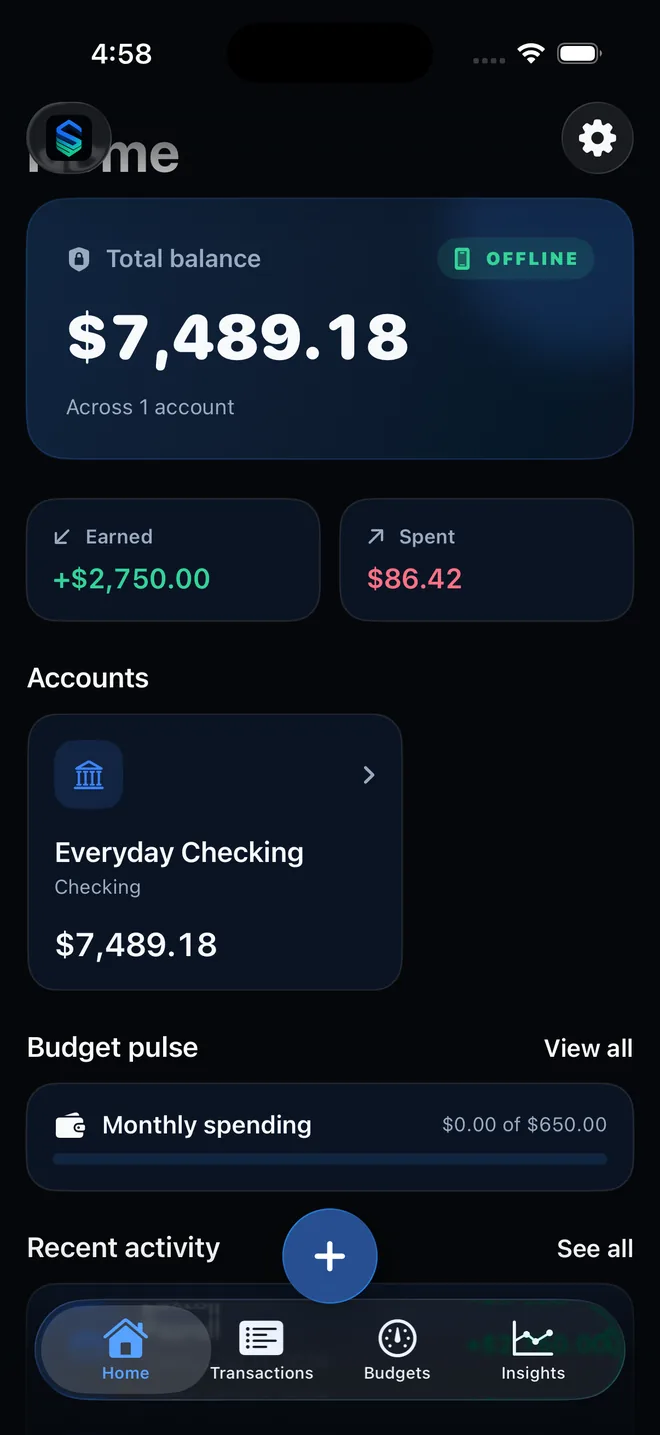 Sumstead Home showing balance, account, budget, and recent activity